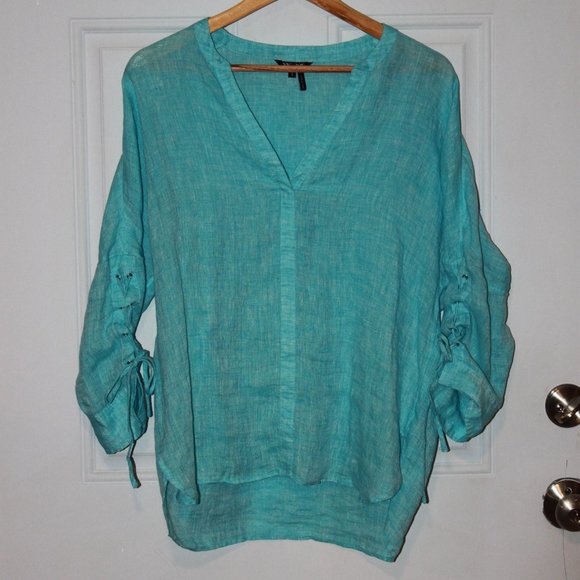 LIMITED TIME SALE: Nic+Zoe Turquoise 100% Linen 3/4 Length Sleeve Shirt Size S - Picture 1 of 9